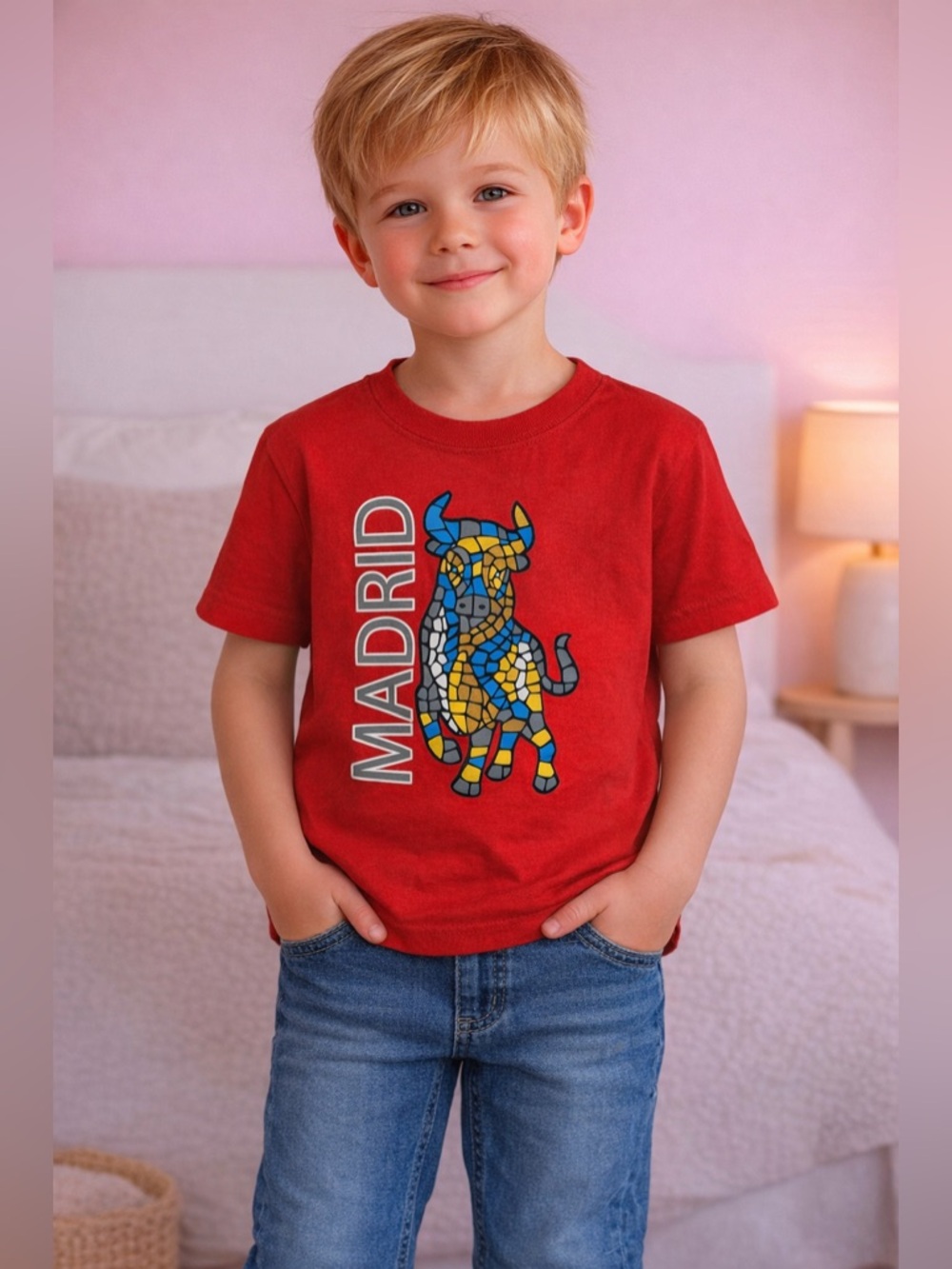 Red Madrid Mosaic Bull Short Sleeve Tee - Kids